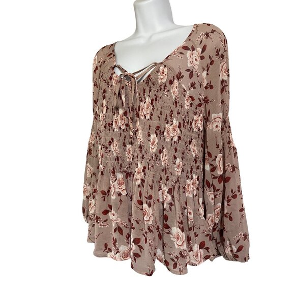 American Eagle Outfitters Sheer Floral Smocked Boho Blouse Tie Neck Womens Small - Picture 2 of 7